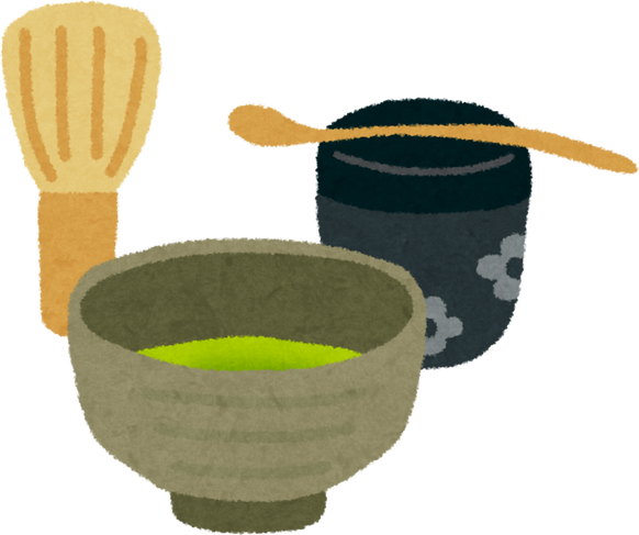 Illustration of Japanese Tea Ceremony Utensils - Chawan, Chasen, Natsume, and Chashaku